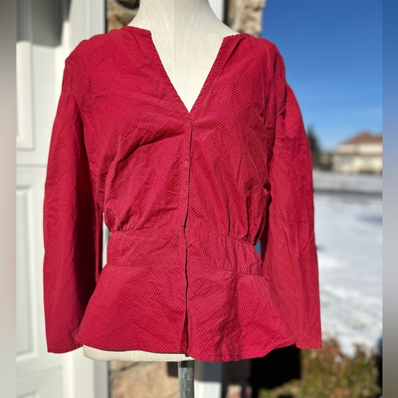 AX ARMANI EXCHANGE RED PIN STRIPE THREE QUARTER SLEEVE BLOUSE TOP SNAP FRONT L - Picture 1 of 3